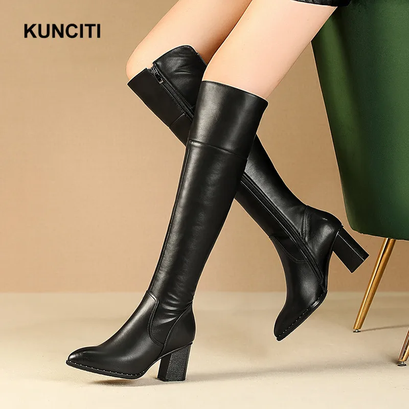 KUNCITI/; сапоги до колена; женские пикантные сапоги; большие размеры 34-42; черные сапоги из натуральной кожи; зимняя теплая обувь высокого качества; B921