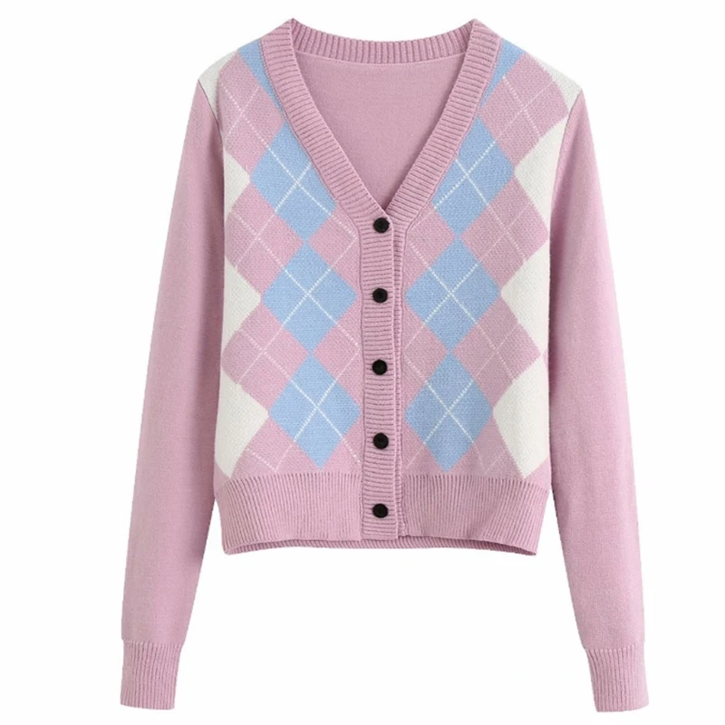 

Women Long Sleeve Knit Button V-Neck Cardigan Argyle Plaid Pattern Sweater Coat M5TE