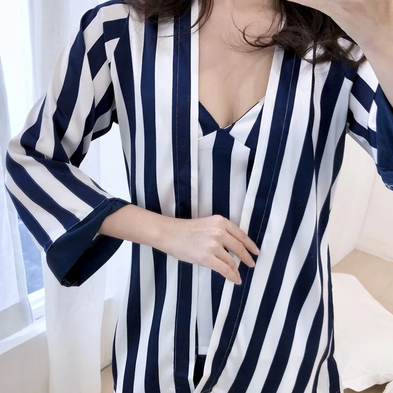 3 шт. полосатый пижамный комплект Женский костюм для сна из искусственного шелка