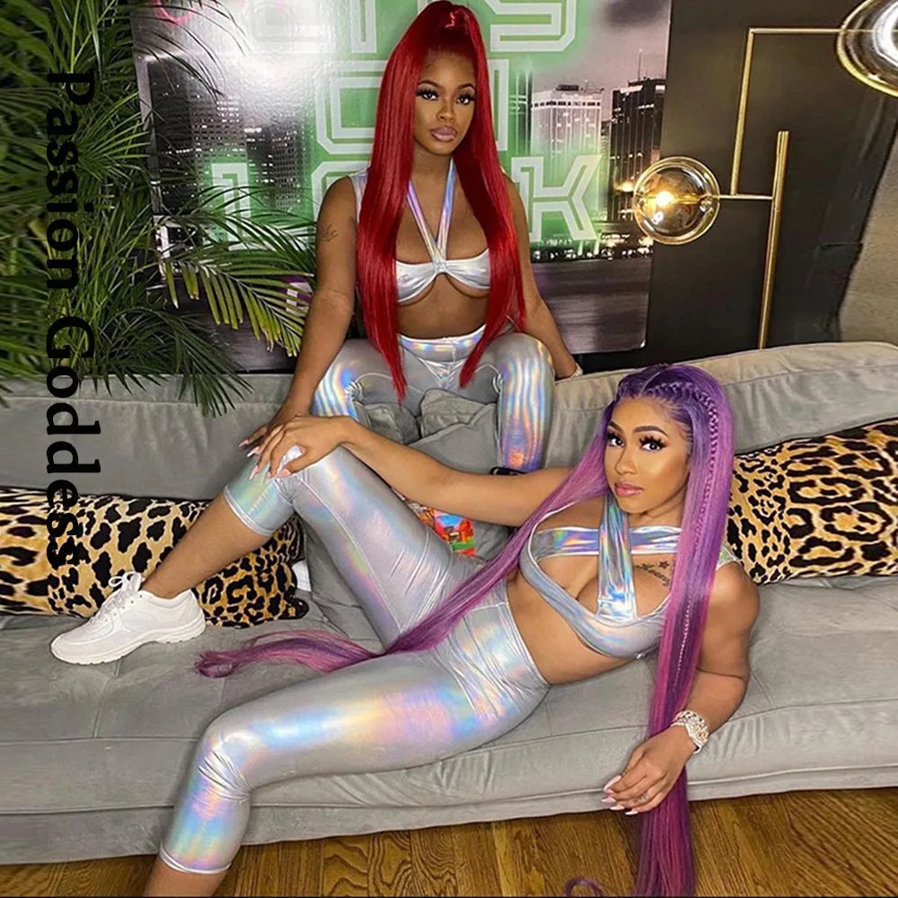 Сексуальный женский костюм из 2 предметов блестящая Лазерная кожа открытые топы