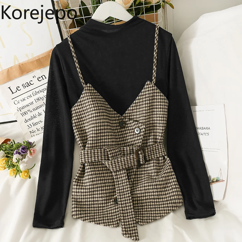 

Korejepo Outwear Suspender Top Korean Retro Plaid Bandage Short Women's 2021 New Loose Thin Half High Collar Bottomed Shirt Sets