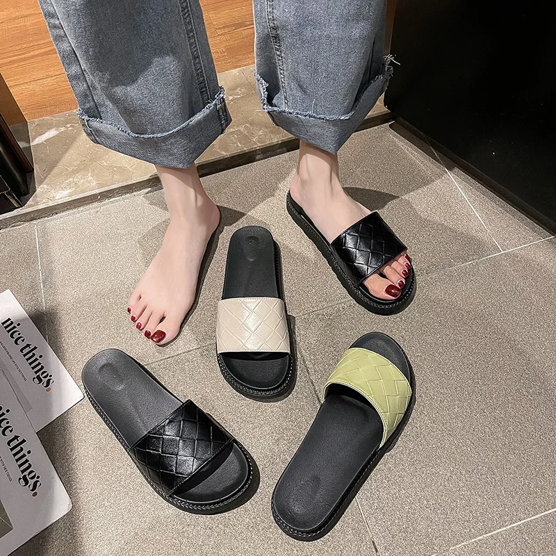 

Shoes String Bead Slippers Casual Platform Slides Med Transparent Heel Slipers Women Luxury Summer Soft Flat 2021 Scandals Fabri