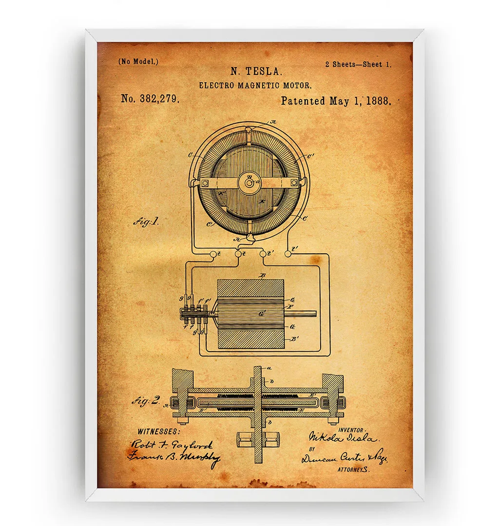 Винтажный Электрический магнитный мотор Тесла 1888 патентный настенный инженер
