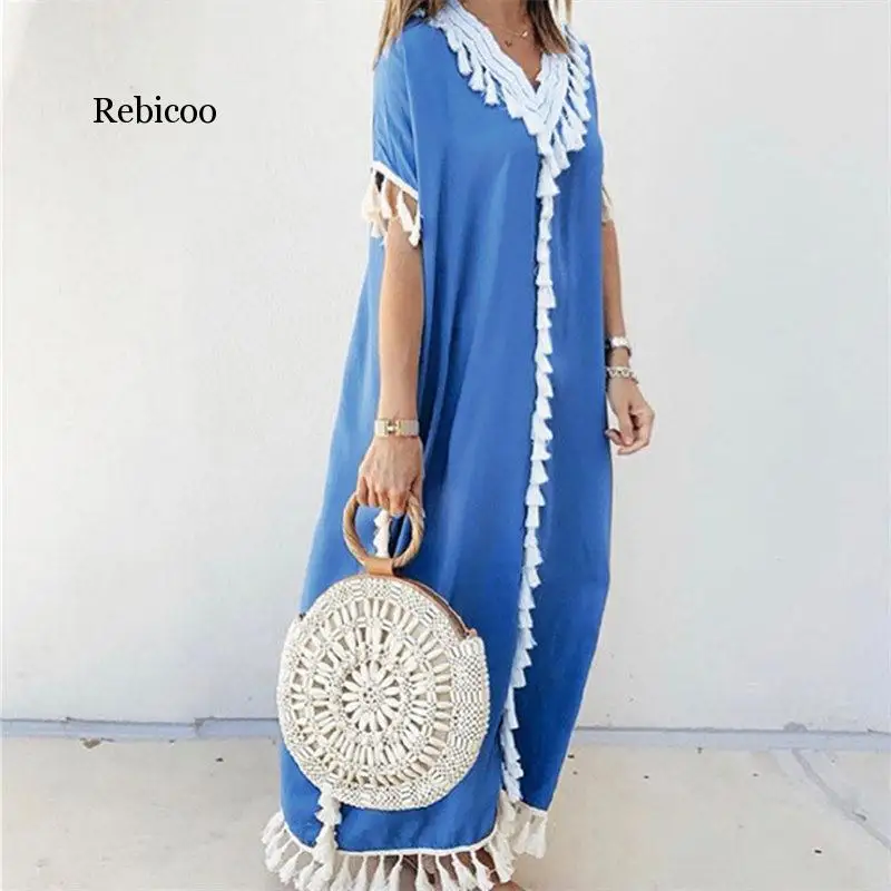 

Summer Women Beachwear Bikini Cover-ups Beach Kaftan Sexy V-neck Tassel Maxi Dress Swimsuit Cover Up Robe de plage