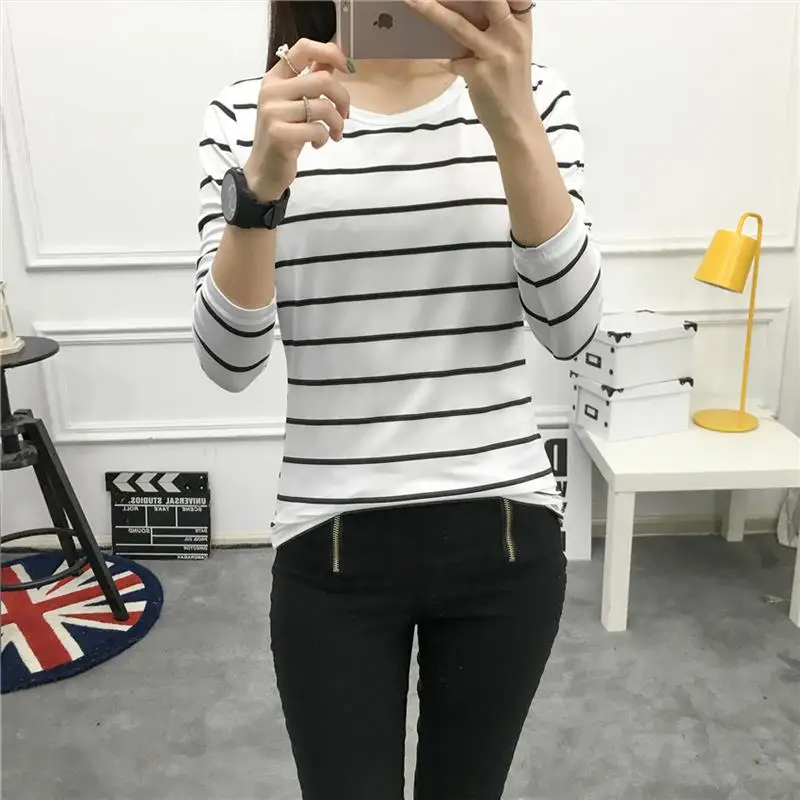 

Stripes Womens T-Shirt O Neck T Shirts Skinny Long Sleeve Clothes Women Slim Under Wear Tshirt Casual Top Tees For Female