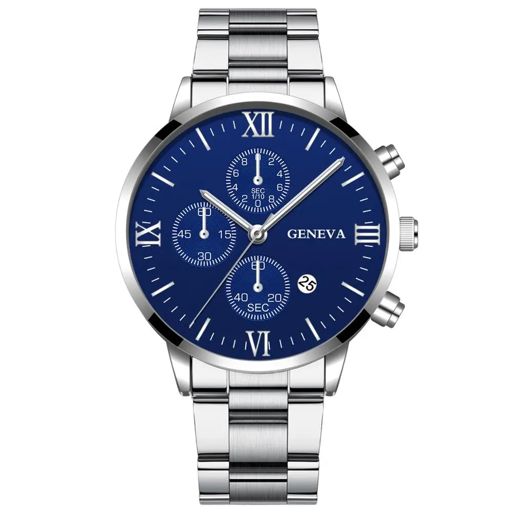 Silver Blue Watch Men Fashion Business Watches Luxury Calendar Clock Man Stainless Steel Quartz Wrist Watch reloj hombre - Цвет: Silver Blue