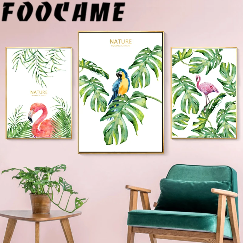 

Parrot Flamingo Monstera Leaves Plant Nordic Wall Art Canvas Print Nature Poster Deco Pictures Watercolor Painting Living Room
