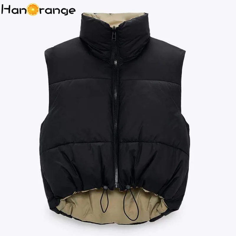 

HanOrange/весна-зима 2021, весенний черный укороченный жилет, пальто, короткие парки без рукавов, теплая верхняя одежда с воротником-стойкой