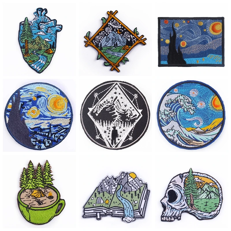 

Outdoor Patch Iron On Patches For Clothes Van gogh Stripe Badge Stickers Applique Wilderness Patch Embroidery Sew On Clothes DIY