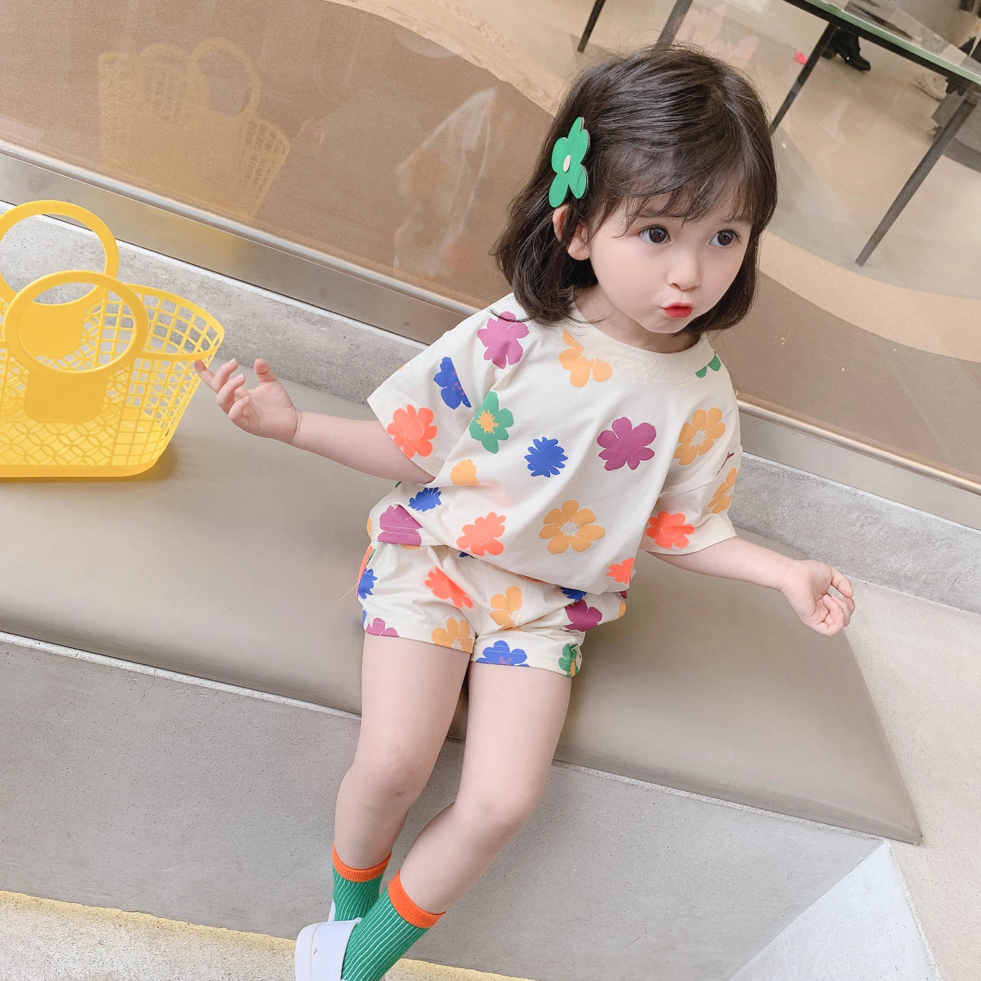 

2021 New Summer Cute Floral Girls Clothes Set Fashion Cotton Children Short Sleeve T-shirt + Shorts 2-Piece Outfit