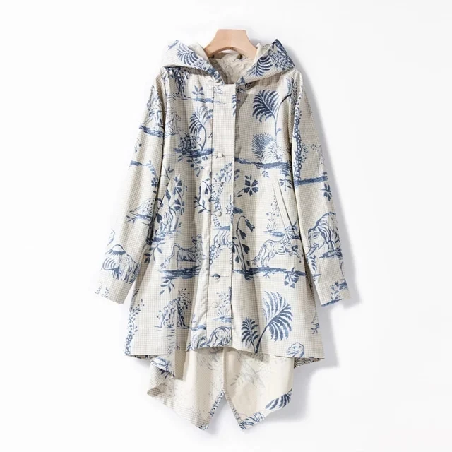 Женский Тренч с капюшоном мультяшным принтом свободный капюшон асимметричный