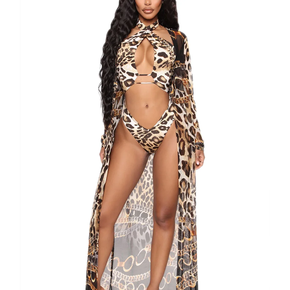 

Summer Ladies One-piece Swimsuit Set Leopard Printing Sexy Hollow Out Swimwear + Cover Up Womens Beachwear