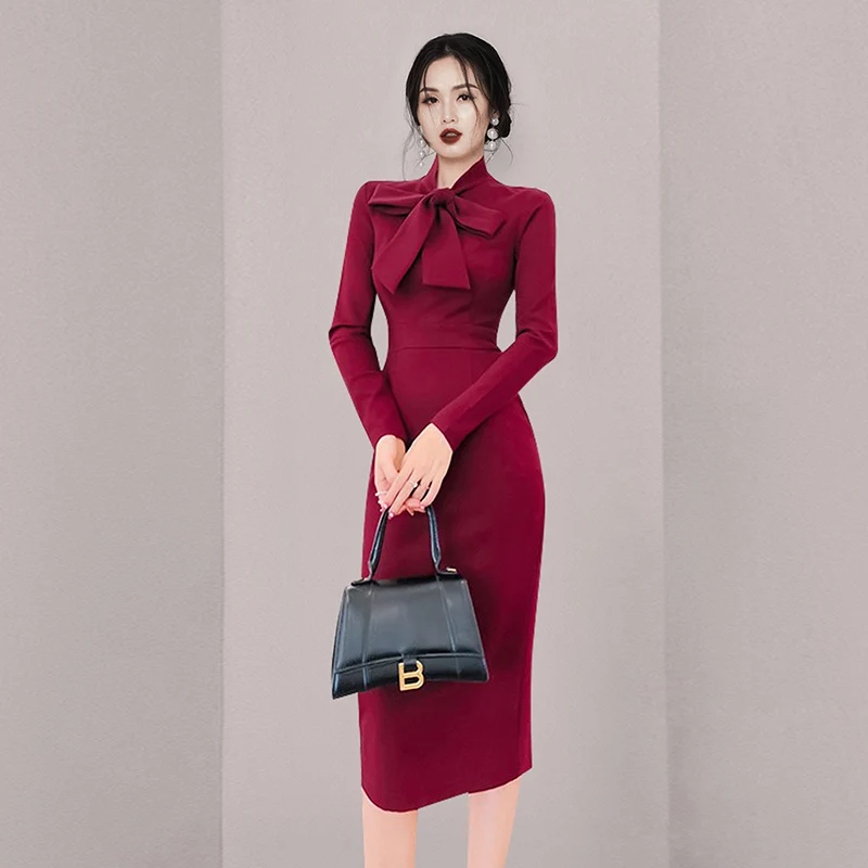 

Bodycon Dress Female Women's Clothes Spring 2022 New Ladies Temperament Long Sleeve High Waist Slim Wine Red Party Dress
