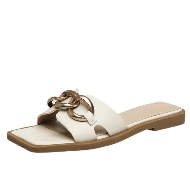 

Women Slippers Women Summer Flip-Flops Women 2021 Casual Flip Flops Slippers For Home Female PU Fabric Flats Metal Chain Slides