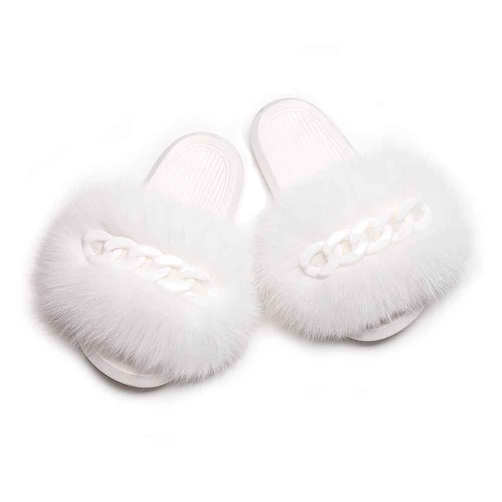 

Plush Slippers Real Fox Fur Slides Designer Chain Fluffy Flip Flops Ladies House Slippers Summer Flat Sandals Furry Women Shoes