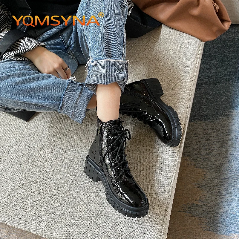 Murah YQMSYNA Sepatu Bot Pergelangan Kaki Kasual Wanita Sepatu Bot Hak Persegi Berenda Ujung Bundar Kulit Asli Sepatu Perjalanan Anti-selip Ritsleting Mode AS190