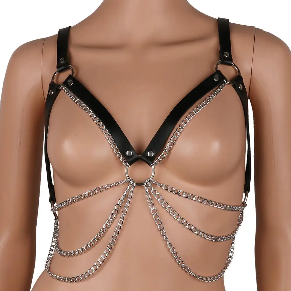 

Punk Body Chest Harness Belt PU Leather Metal Chain Tassel Body Caged Sexy Open Bra Top Gothic Lingeire Roleplay Dance Clubwear