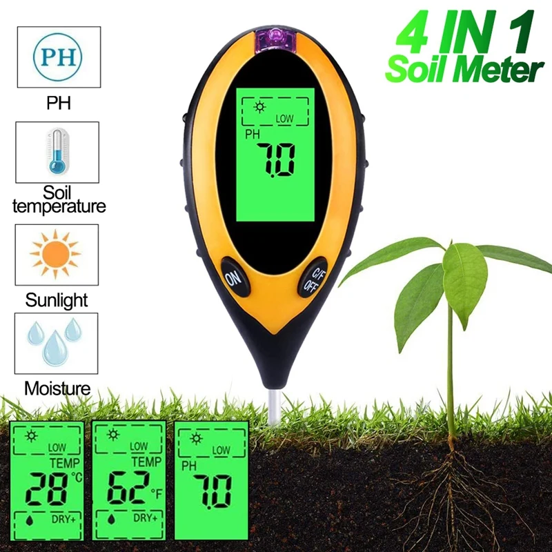 

4In1 Ph Tester Digital Analyzer Moisture Monitor Analysis Acidity Alkali Temperature Sunlight Intensity Tester