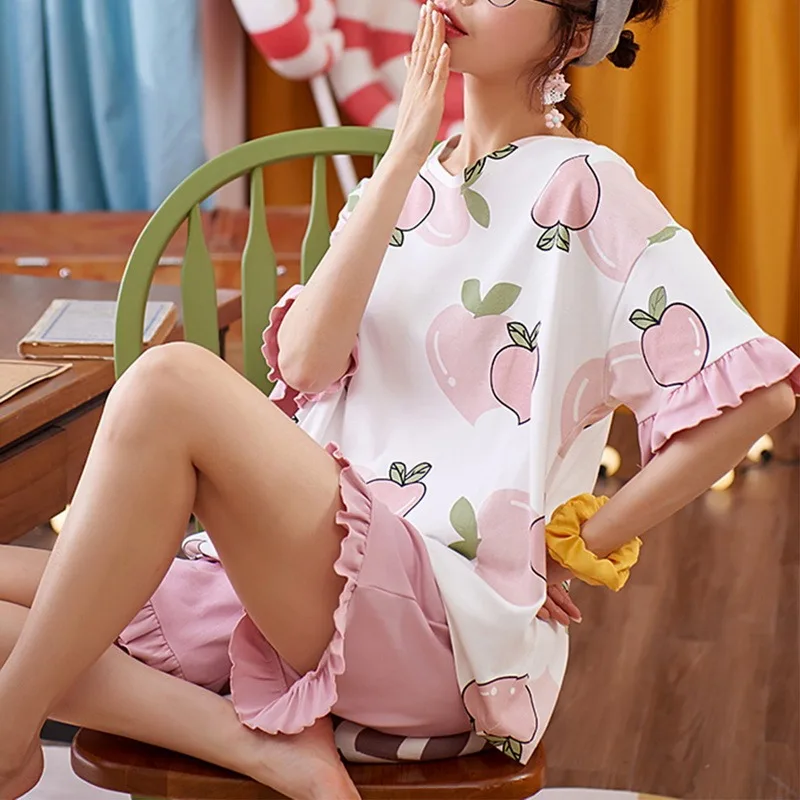 

Women's pajamas summer pajamas set women's cotton cartoon girls home service shorts set pajamas casual comfortable loose pajamas