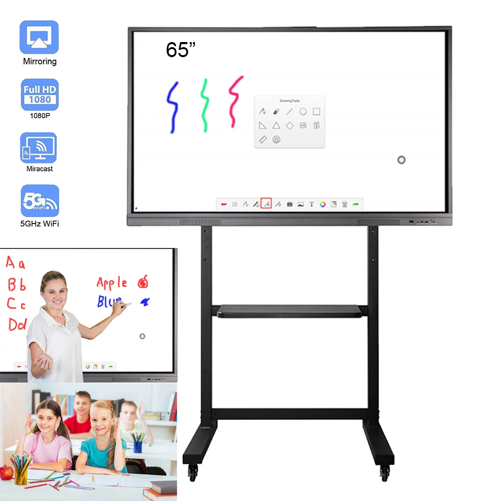 Souria 65 inches Interactive Smart Whiteboard for Meeting and Teaching Room Full HD Flat Panel with Rolling TV Stand