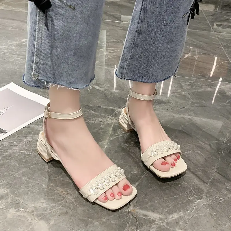 

Med 2021 Sandals Clear Heels Black Shoes for Women Medium New Pearl Fashion Beige Comfort Girls Summer PU Scandals Casual Solid