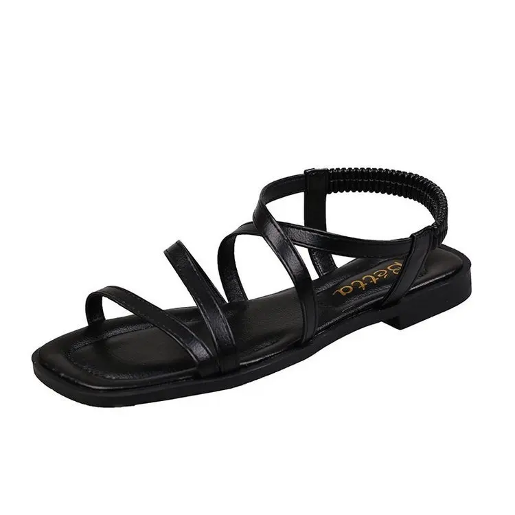 

Leather Sandals Women 2021 Summer Low-Heeled Shoes With Strap Suit Female Beige Flip Flops Platform Low-heeled New Black Flat Co