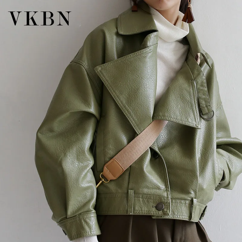 

VKBN Spring autumn 2020 New Pu Faux Leather Jacket Women Loose Leather Full Sleeve Casual Outwear Ladies Biker Coat Women
