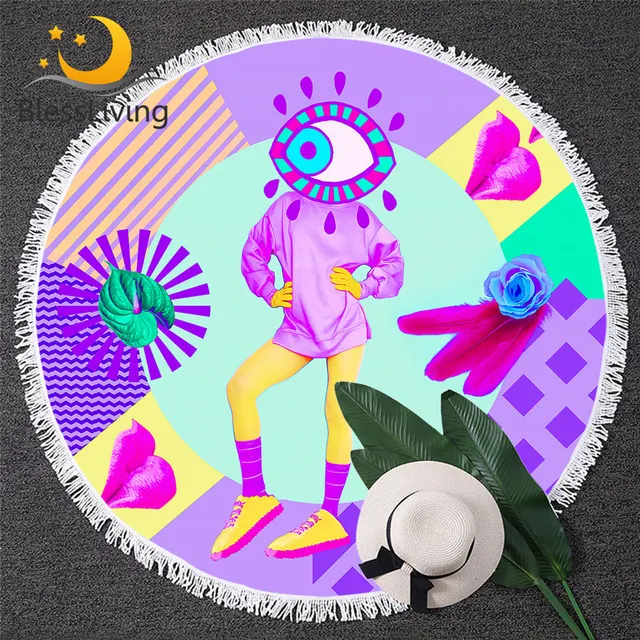 BlessLiving Weirdo Round Beach Towel With Tassel Cartoon One-eyed Bath Towel For Adult Colorful Picnic Mat Funny Playa Toalla 1