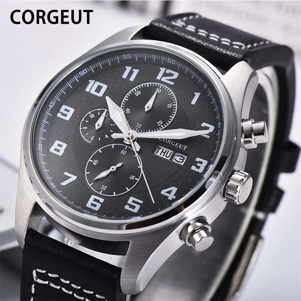 CORGEUT Top Luxury Brand Men Business Watches Dual Calendar Luminous Waterproof Quartz Wristwatch Male Clock Relogio Masculino