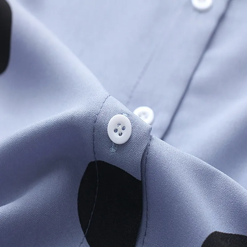 

Spring Summer Lapel Long Sleeve Chiffon Women Shirt Blue Polka Dot Print Harajuku Row Of Buttons Casual Apricot Blouse