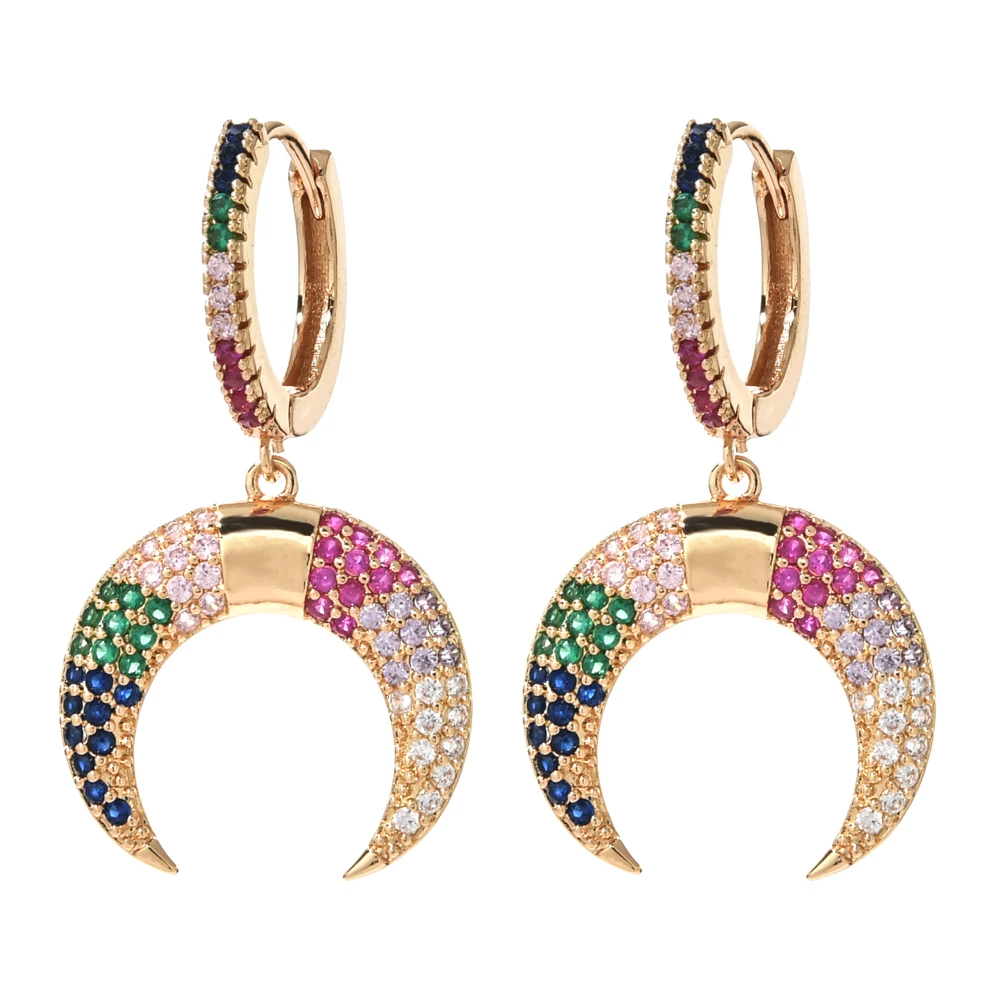 Женские роговые серьги-гвоздики с радужным цирконием маленькие золотистые