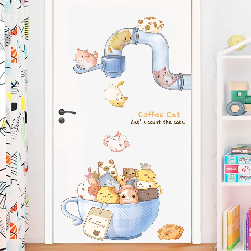 

Cartoon Cat Wall Sticker Kids Room Bedroom Wall Decals Door Stickers Decoration Aesthetic Posters Self-adhesive Vinly Wallpaper