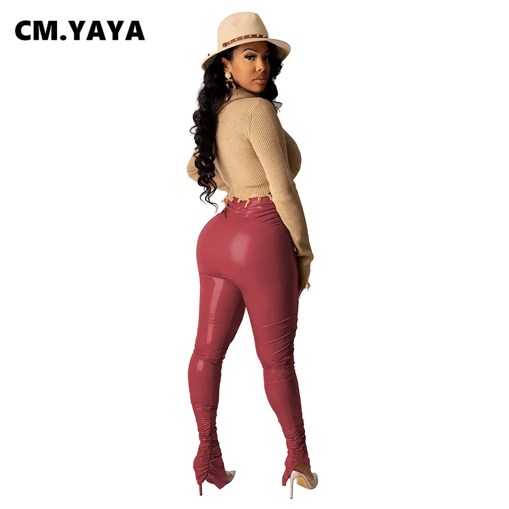 Женские брюки с высокой талией CM.YAYA уличная одежда из искусственной кожи рюшами