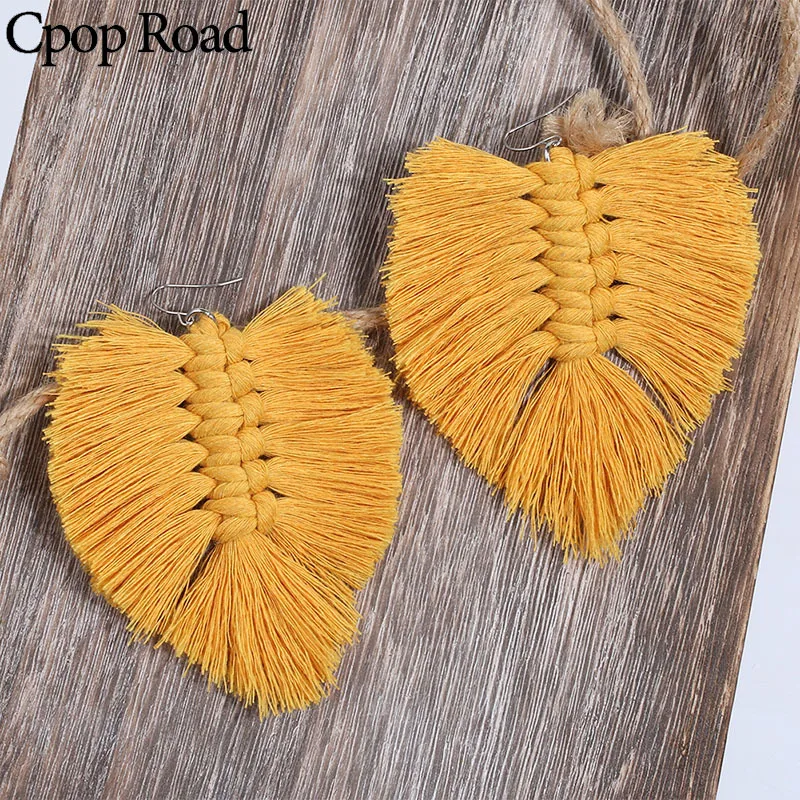 Cpop Boho Мода Макраме серьги перо бахрома хлопок ткачество лист кисточкой серьги подарок для подружки невесты Свадебные украшения Аксессуары