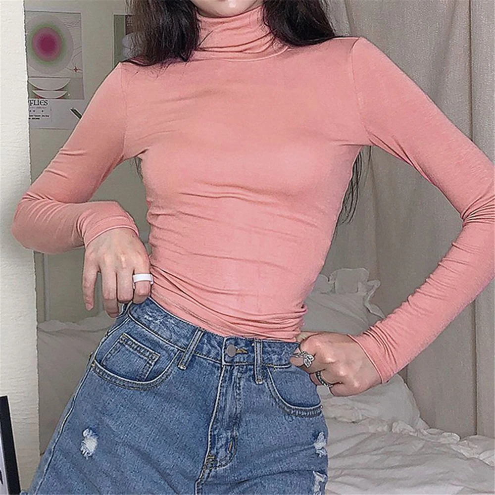 

Модные женские весенние Рубашки с длинным рукавом, однотонный пуловер с высоким воротником, туника, тонкая осенне-зимняя теплая Базовая обл...