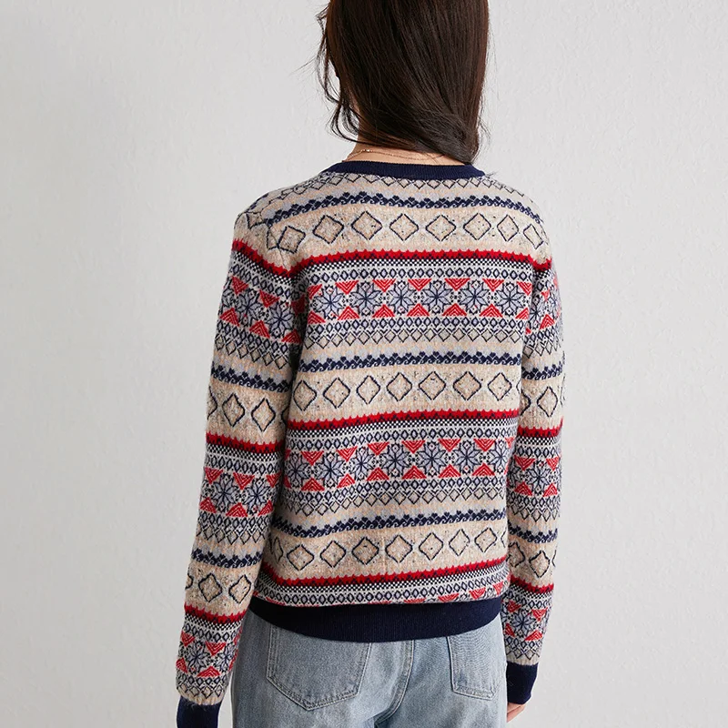 Новый жаккардовый толстый свитер из чистой шерсти Женский пуловер с круглым