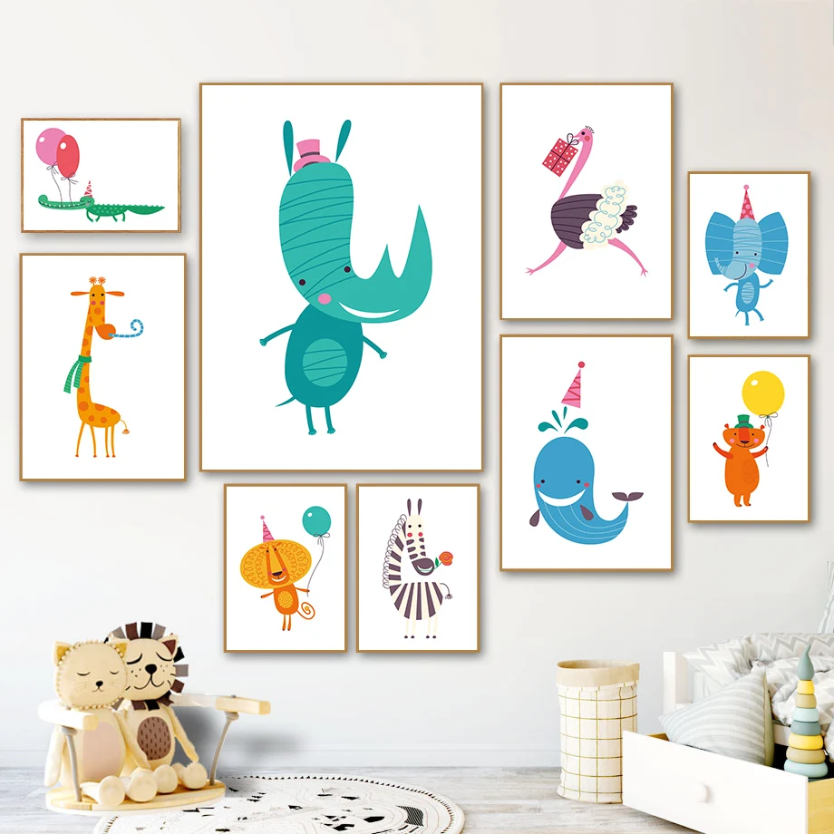 

Cartoon Giraffe Lion Ostrich Zebra Nordic Posters And Prints Wall Art Canvas Painting Animals Wall Pictures For Kids Room Decor