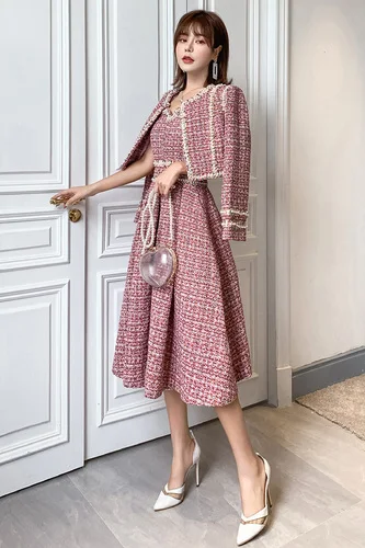 Женский яркий костюм из двух предметов ярко красный твидовый короткий пиджак и