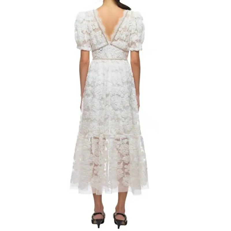 

2021 High-Quality Luxury Design Runway Lace Hollow Out Summer Dress Women's High-End Luxury Beading Party Dress Vestidos