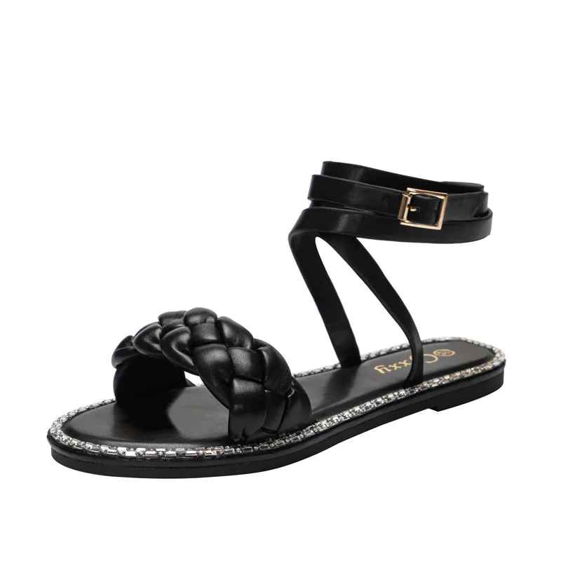 

Сандалии женские из экокожи, шлепанцы с длинным ремешком на щиколотке, сланцы, круглый носок, пряжка, плоская подошва, Повседневные тапочки, ...