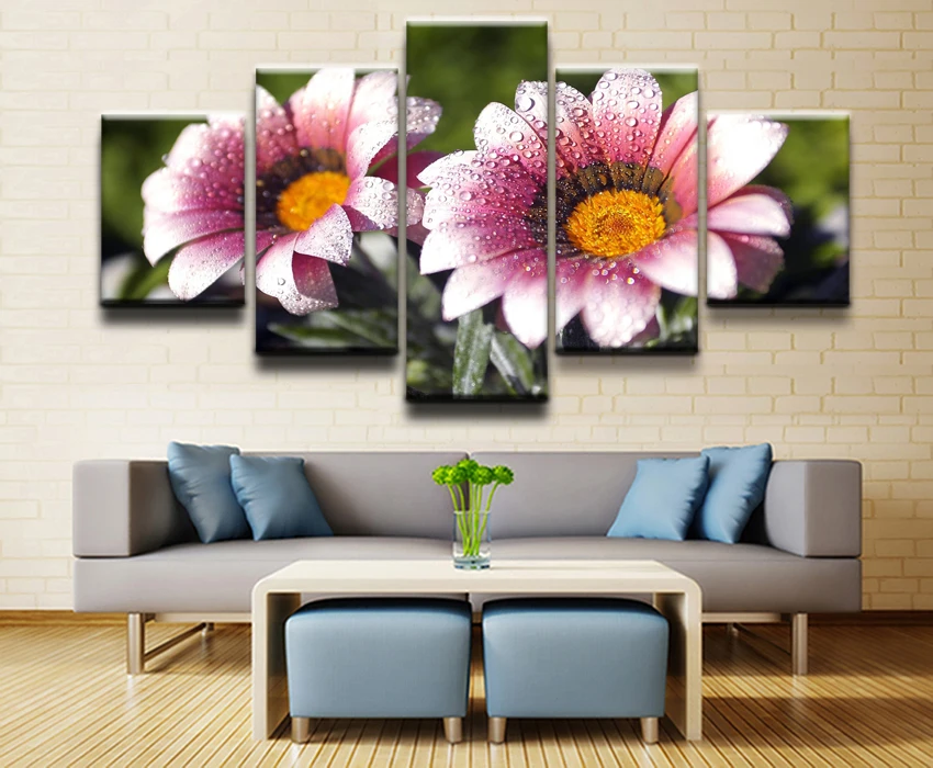 Canvas Wall Art Pictures Living Room Home Decorative 5 Pieces Dew Pink Flower Painting HD Printed Poster Modular Framework | Дом и сад