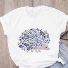 Женская футболка с рисунком ежика и цветов, Стильная летняя футболка с принтом, 2021