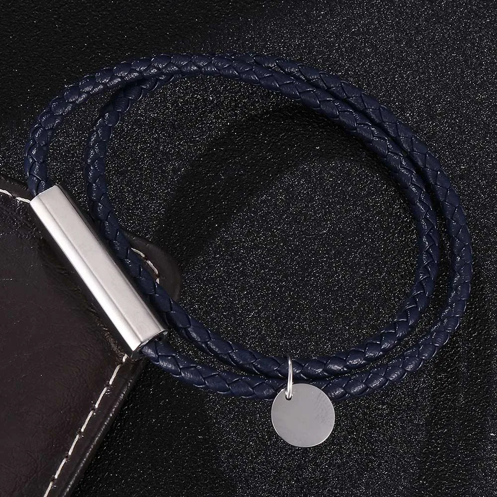 Двухслойный темно синий кожаный браслет модный для пары и с веревкой на цепочке