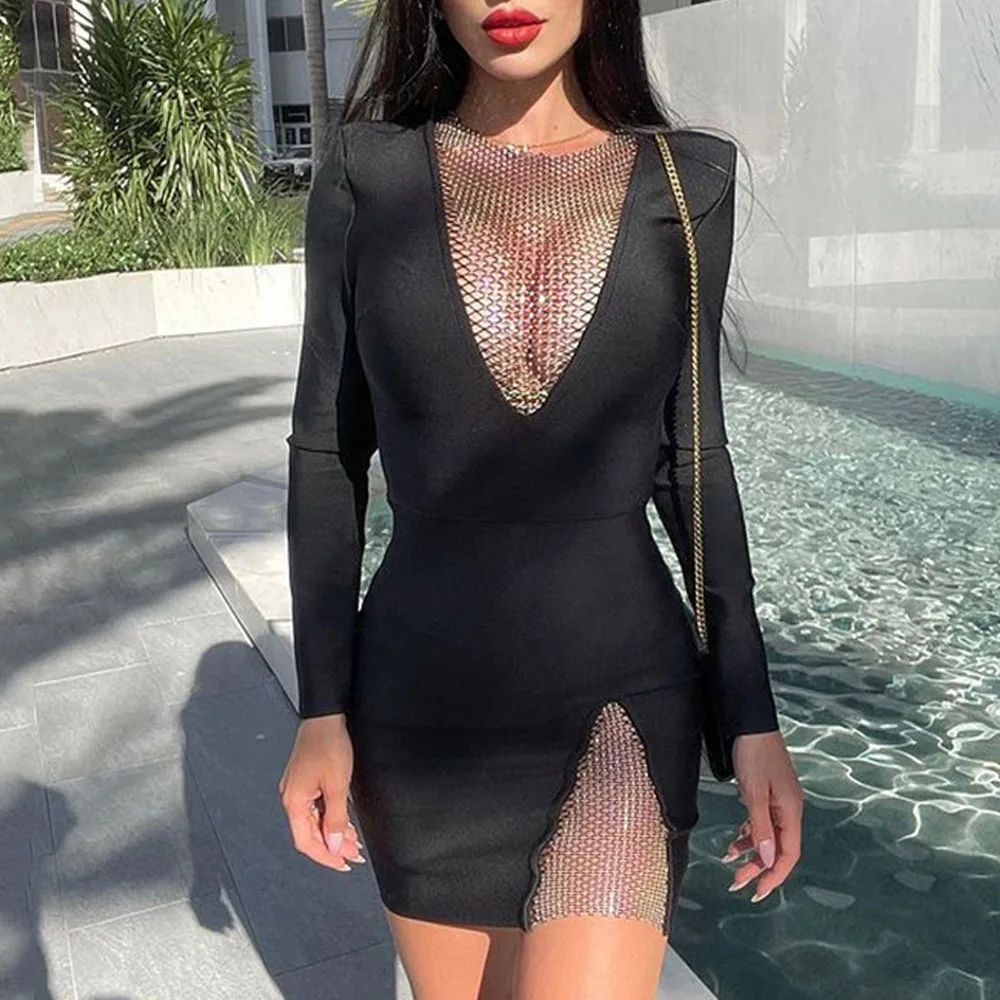

Long Sleeve Women Dresses Hollow Out Bodycon Sexy Streetwear 2021 Fall Autumn Club Elegant Slim Party Dress