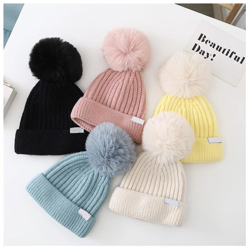 

Solid Color Big Pompom Baby Hat Soft Elastic Newborn Girl Boy Knitted Cap Autumn Winter Warm Crochet Kid Toddler Beanies Bonnet
