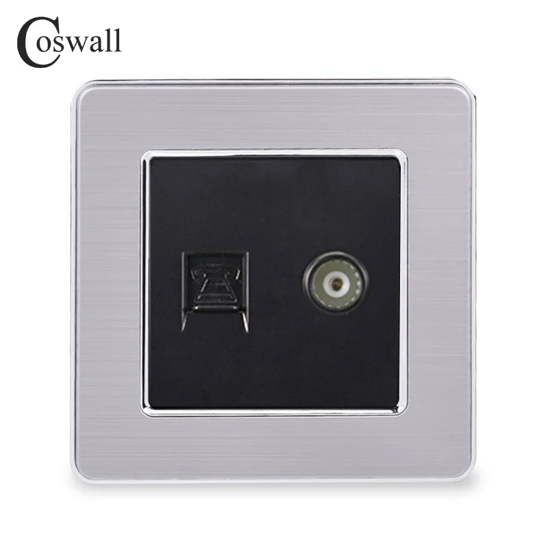 COSWALL RJ11 2 ядра телефонный разъем с женский ТВ Джек Нержавеющая сталь матовая панель розетка - Тип: Black