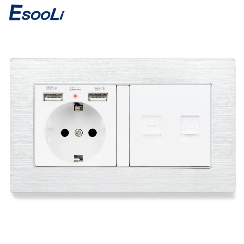 Алюминиевая металлическая панель Esooli стандарт ес usb-разъем enchufe с 2 USB-разъемами и