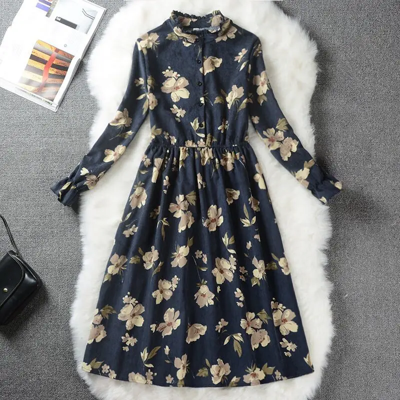 Autumn Winter Women Sweet Corduroy Dress Stand Collar Pleated Print Long Sleeve Femininos Vestidos Mori Girl Elegant L1071 | Женская