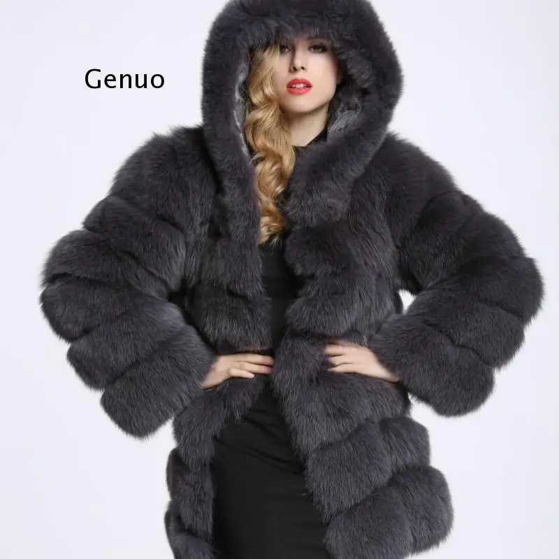 Long Jacket Women 2021 Solid Hooded Faux Fox Fur Jacket Warm Thick Fashion Loose Ladies Coat Winter Coat Women Oversized Coat