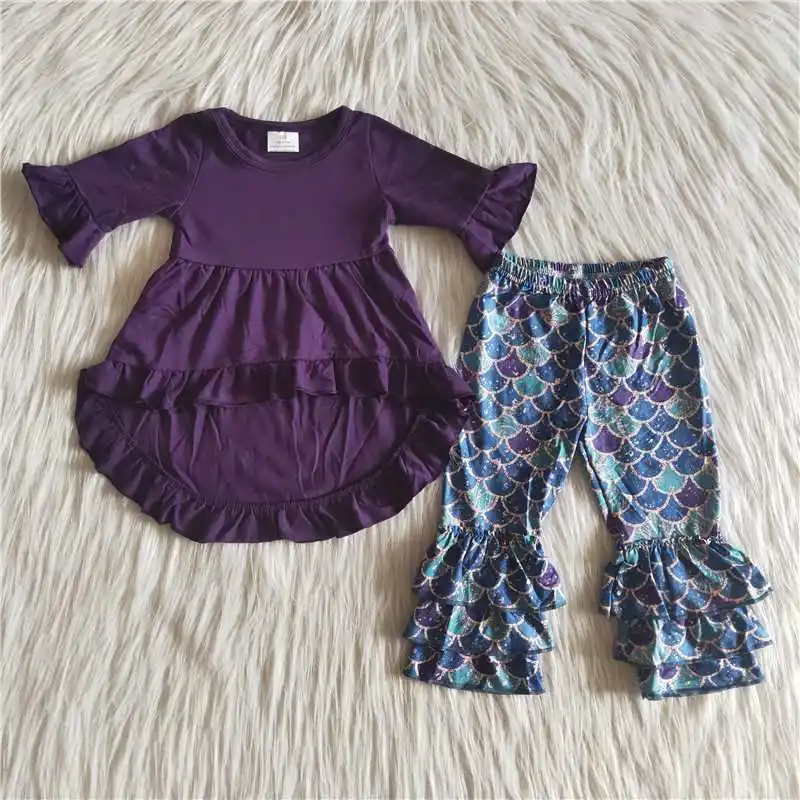 

2021 New Baby Girls Clothes Set Solid Purple Top Three Quarter Sleeve Bell-Bottom Toddler Kids Wear